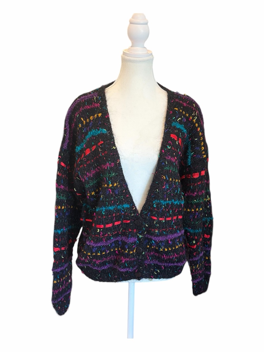 Vtg. Jennifer Reed Large Hand Knit Ribbon Mohair Blend Deep V Cardigan Sweater